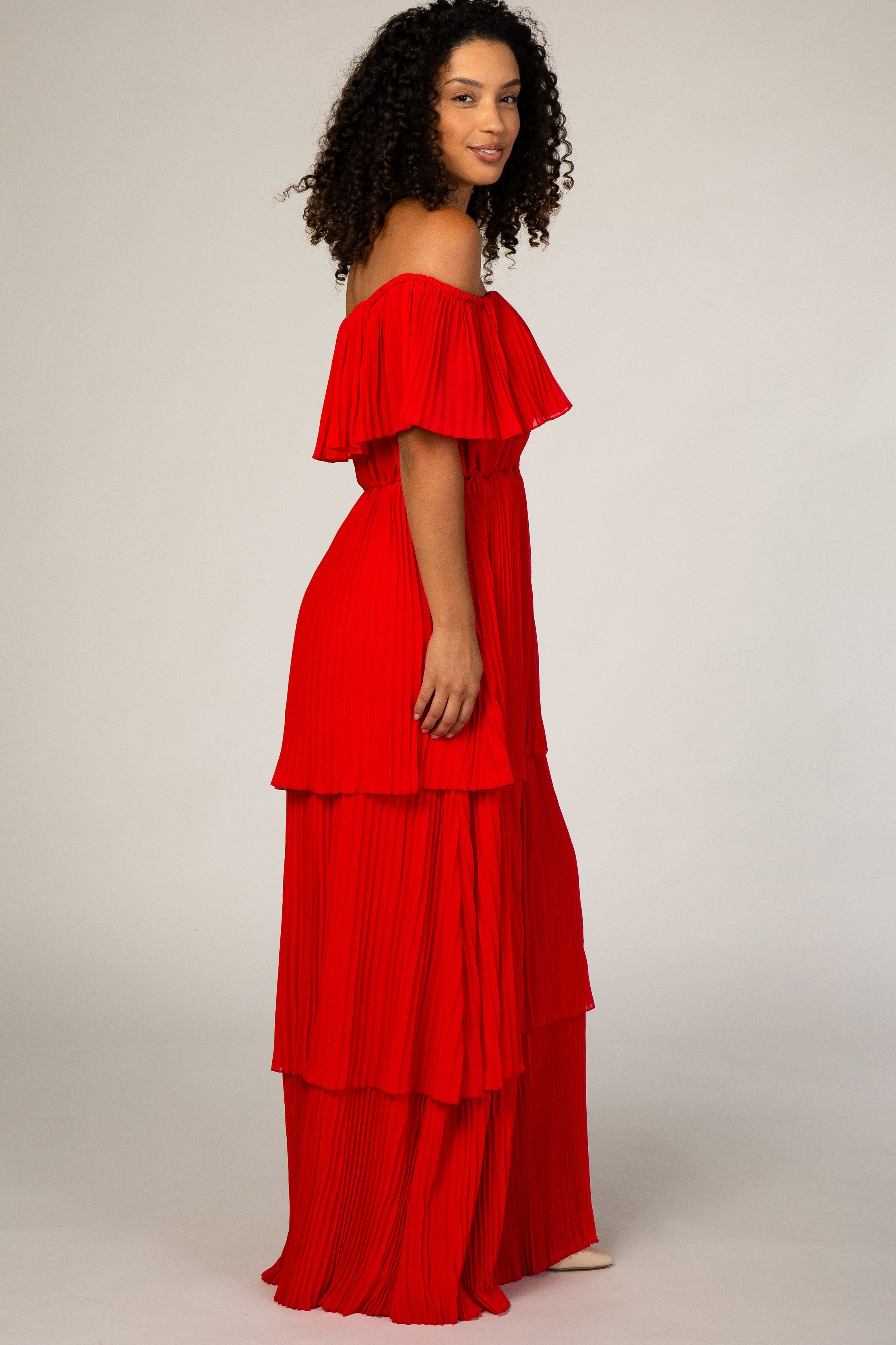 Red Pleated Ruffle Tiered Maxi Dress sold by Pinkblush product image thumbnail 2