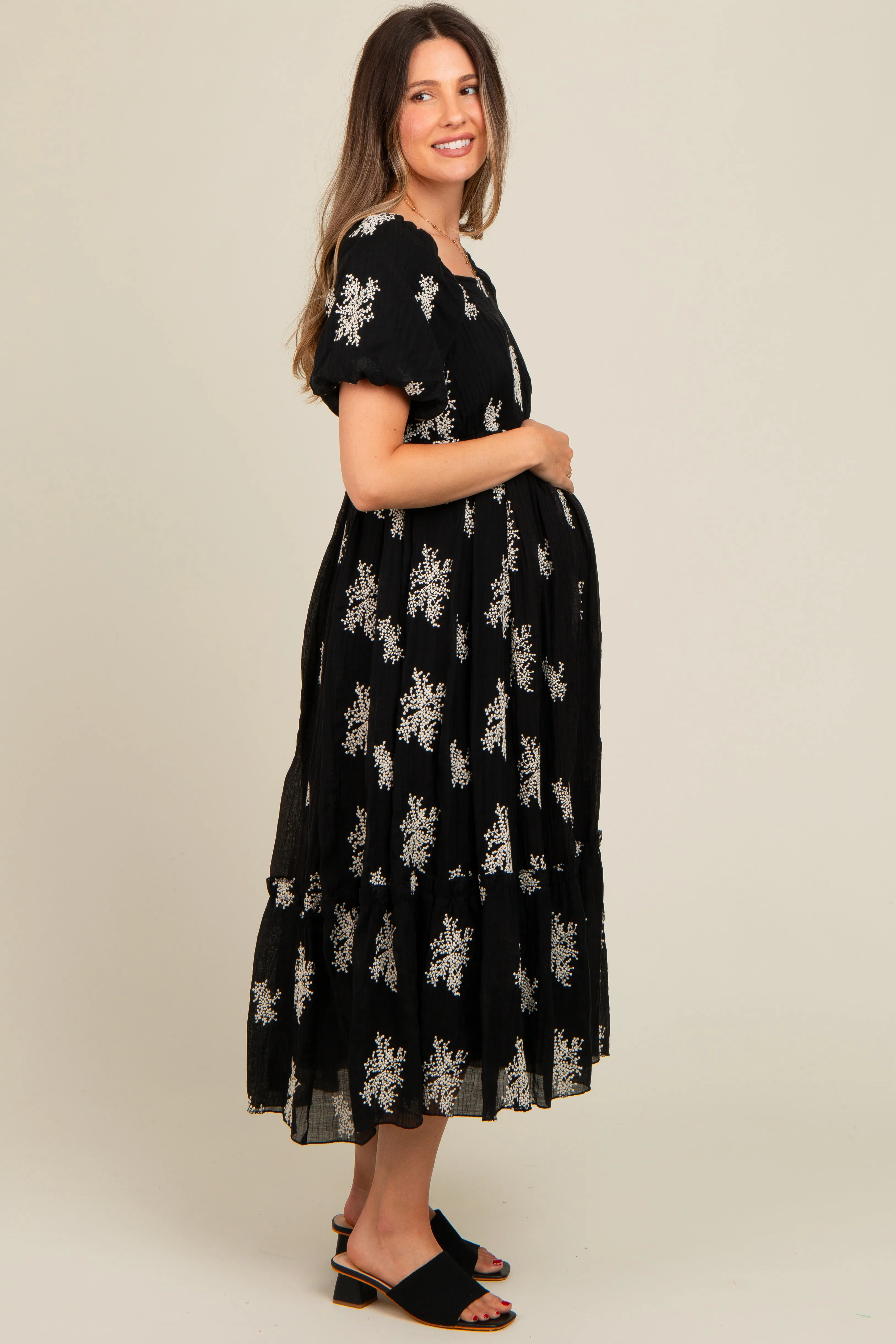 Black Floral Print Ruffle Hem Maternity Midi Dress sold by Pinkblush product image thumbnail 2