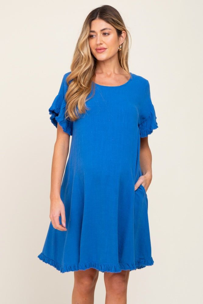 Royal Blue Fringe Linen Maternity Dress sold by Pinkblush
