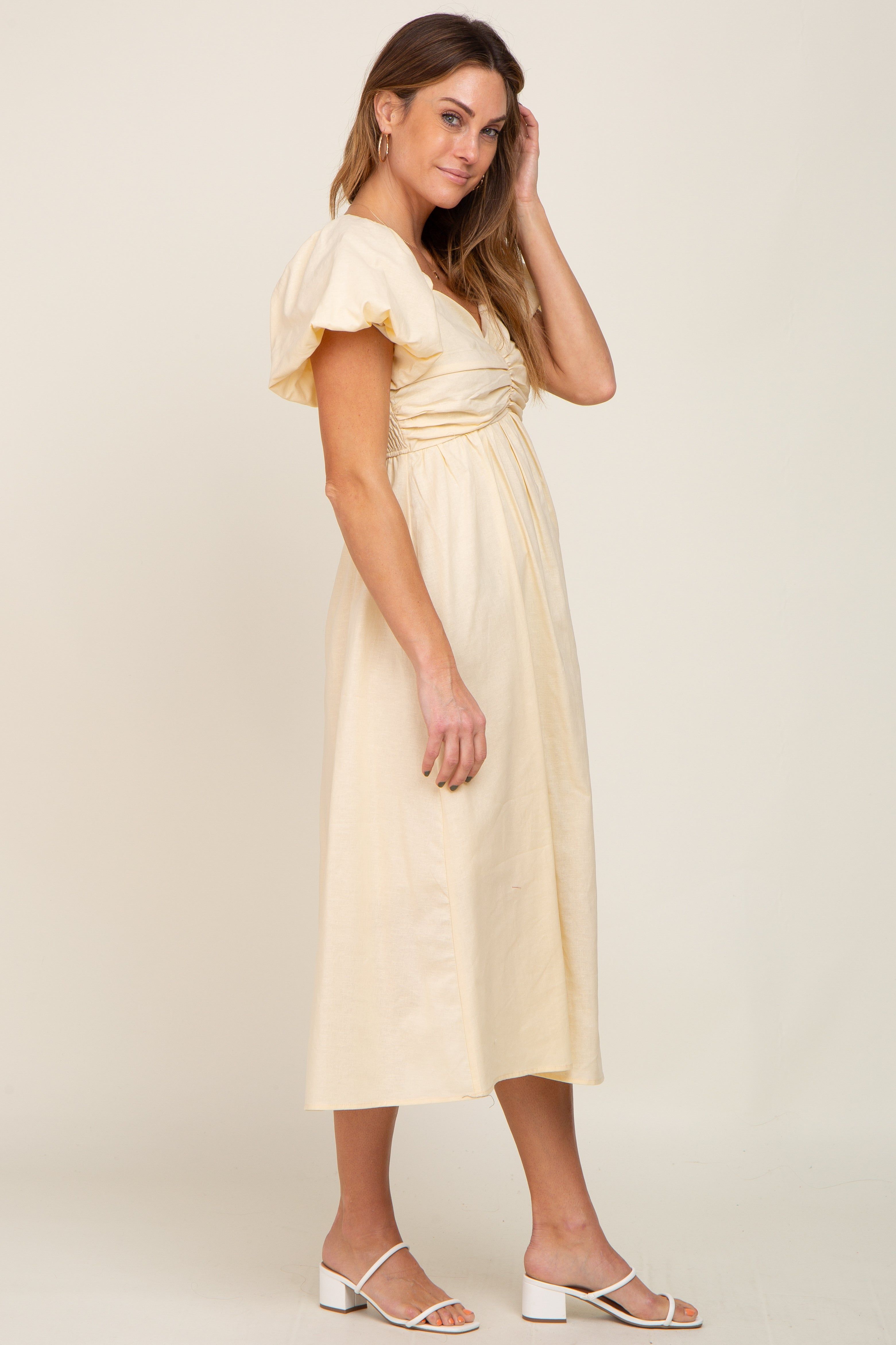 Yellow Sweetheart Neck Puff Sleeve Linen Midi Dress sold by Pinkblush product image thumbnail 2