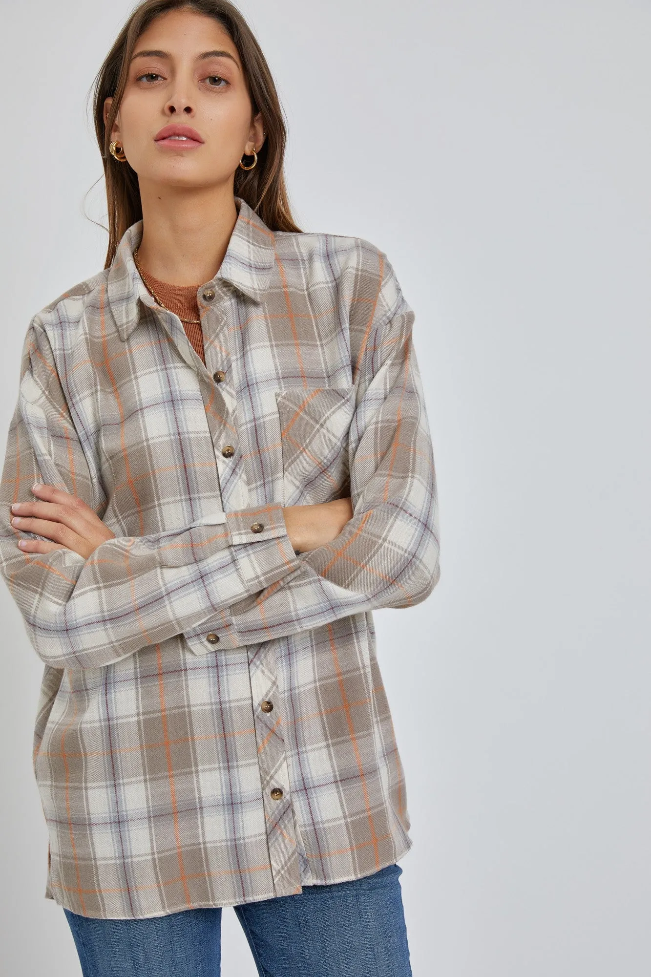 Taupe Flannel Plaid Button Up Top sold by Pinkblush product image thumbnail 2