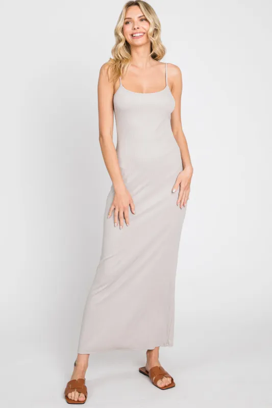 Taupe Ribbed Sleeveless Basic Maxi Dress sold by Pinkblush