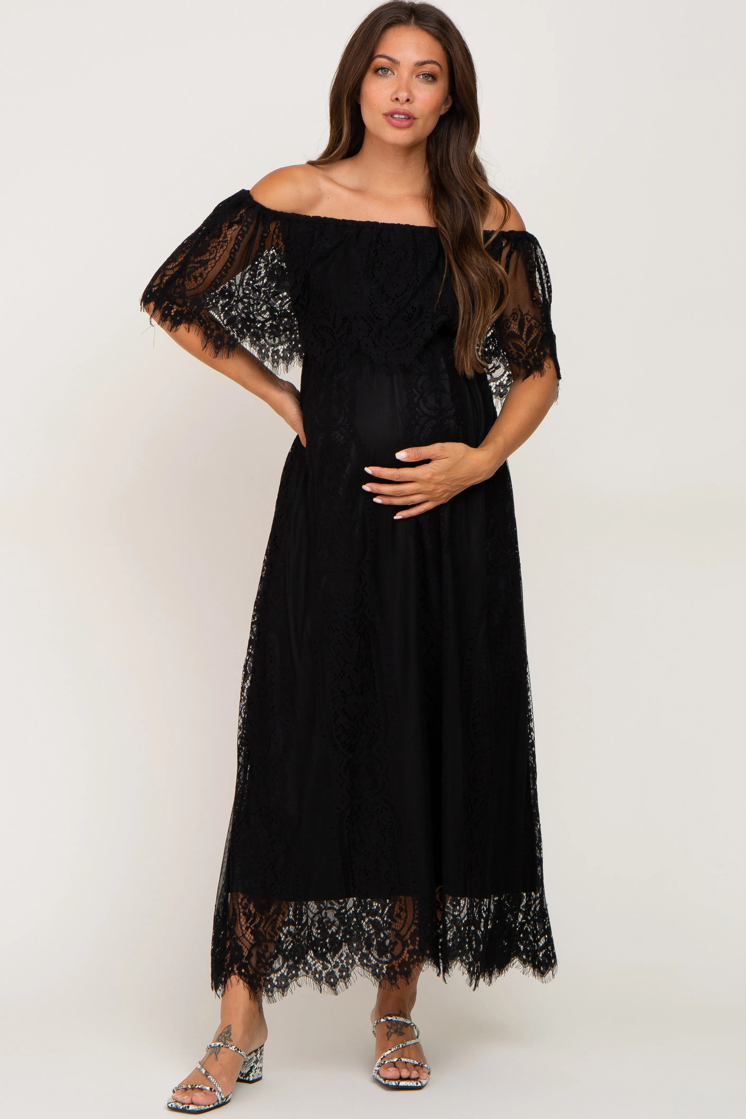 Black Lace Off Shoulder Maternity Maxi Dress sold by Pinkblush product image thumbnail 4