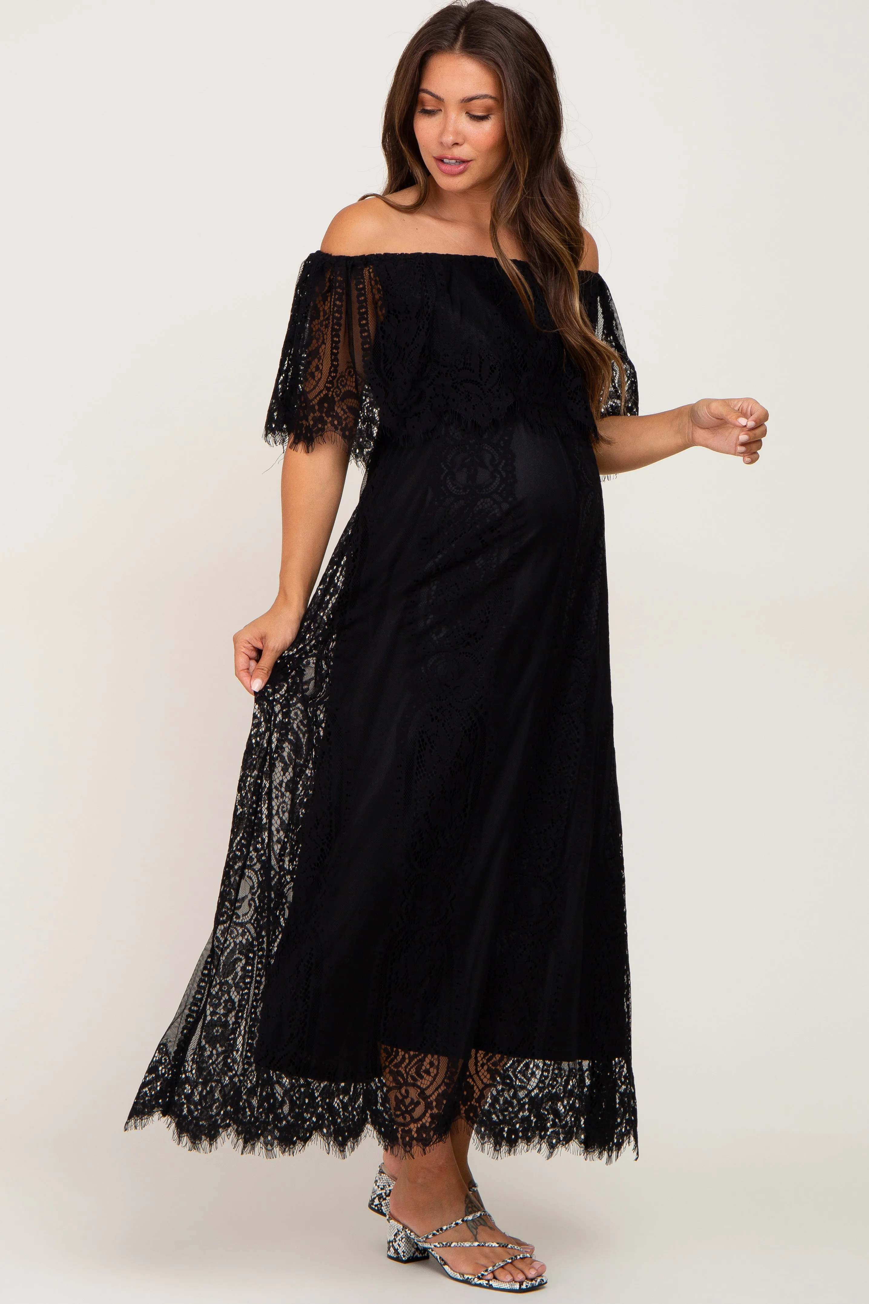 Black Lace Off Shoulder Maternity Maxi Dress sold by Pinkblush