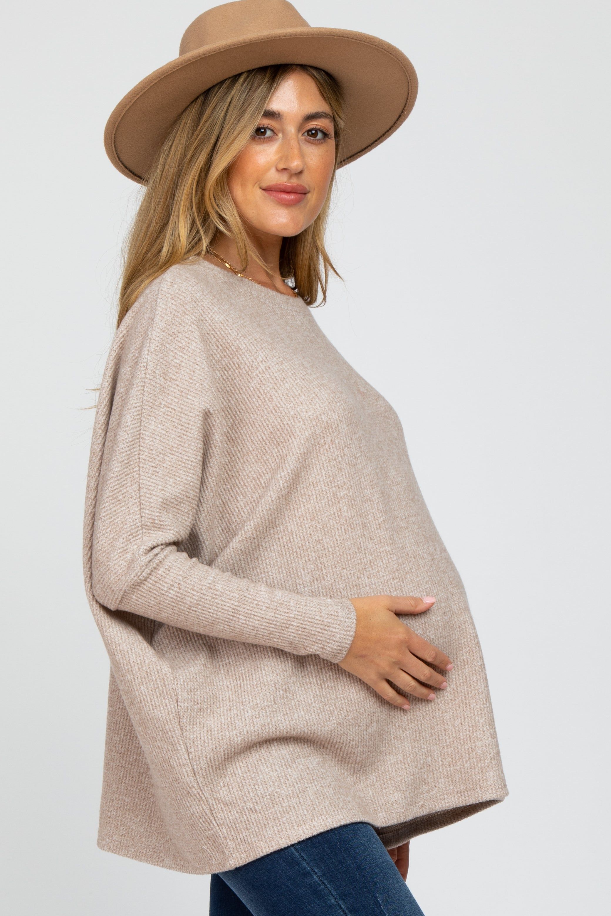 Beige Dolman Sleeve Soft Knit Maternity Top sold by Pinkblush product image thumbnail 2