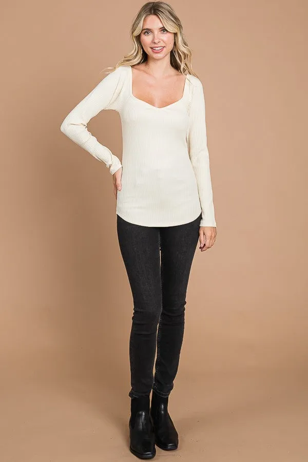 Cream Ribbed Sweetheart Neck Long Sleeve Top sold by Pinkblush product image thumbnail 4