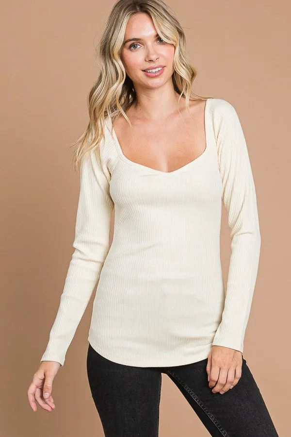 Cream Ribbed Sweetheart Neck Long Sleeve Top sold by Pinkblush