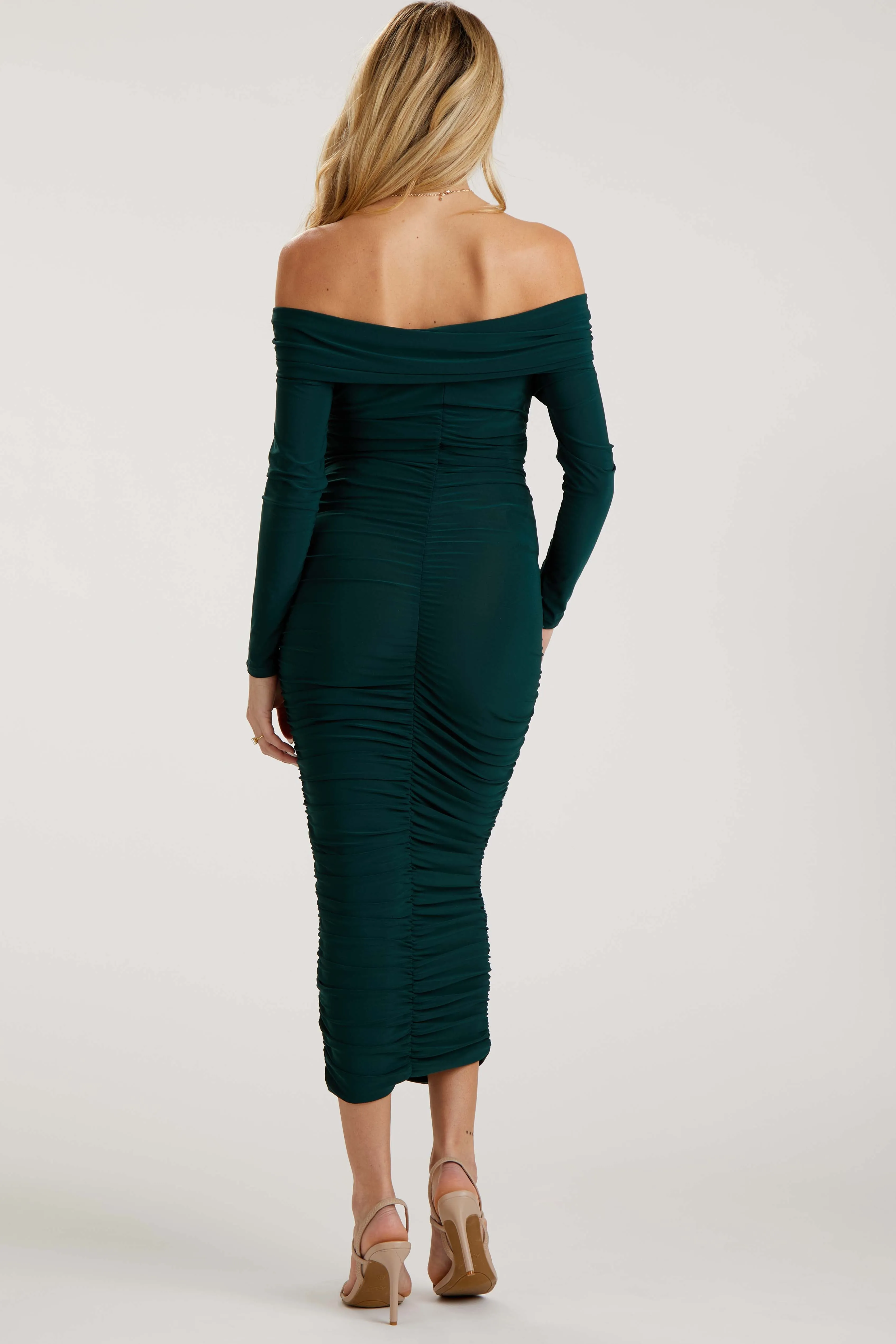Forest Green Off Shoulder Mesh Ruched Maternity Midi Dress sold by Pinkblush product image thumbnail 3