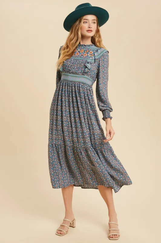 Blue Floral Boho Floral Print Ruffle Midi sold by Pinkblush