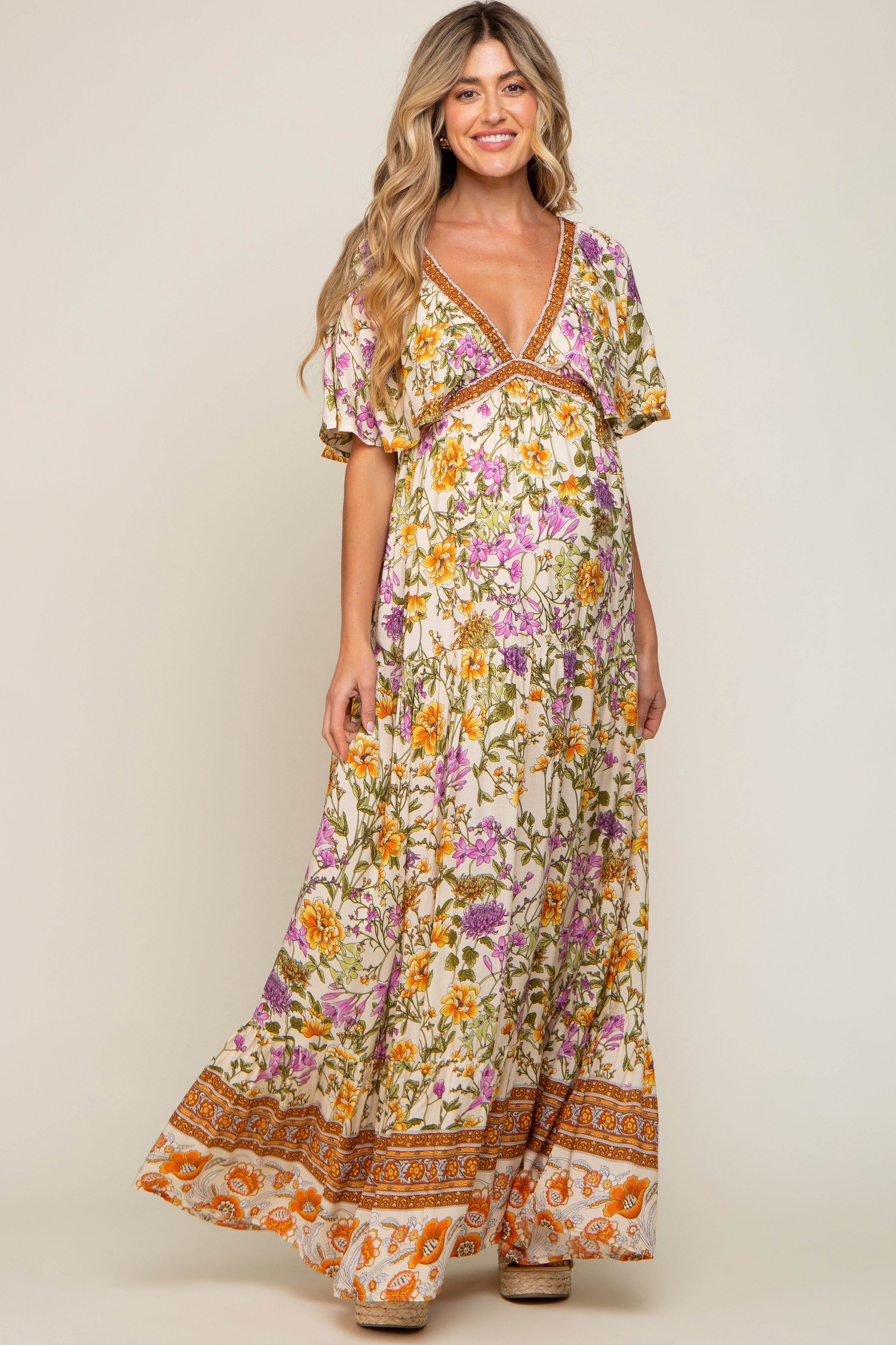 Cream Floral V-Neck Maternity Maxi Dress sold by Pinkblush product image thumbnail 4