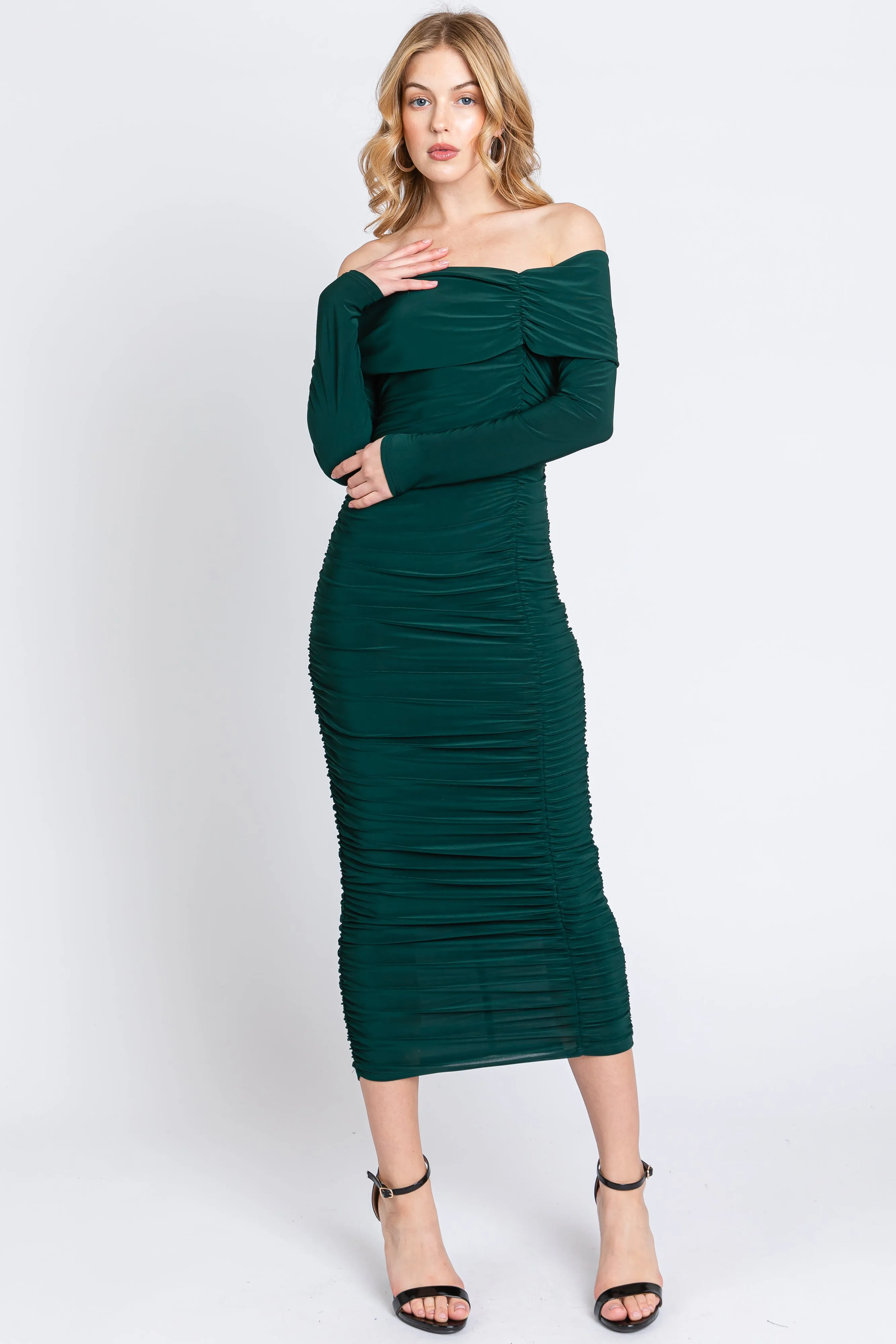 Forest Green Off Shoulder Mesh Ruched Maternity Midi Dress sold by Pinkblush product image thumbnail 4