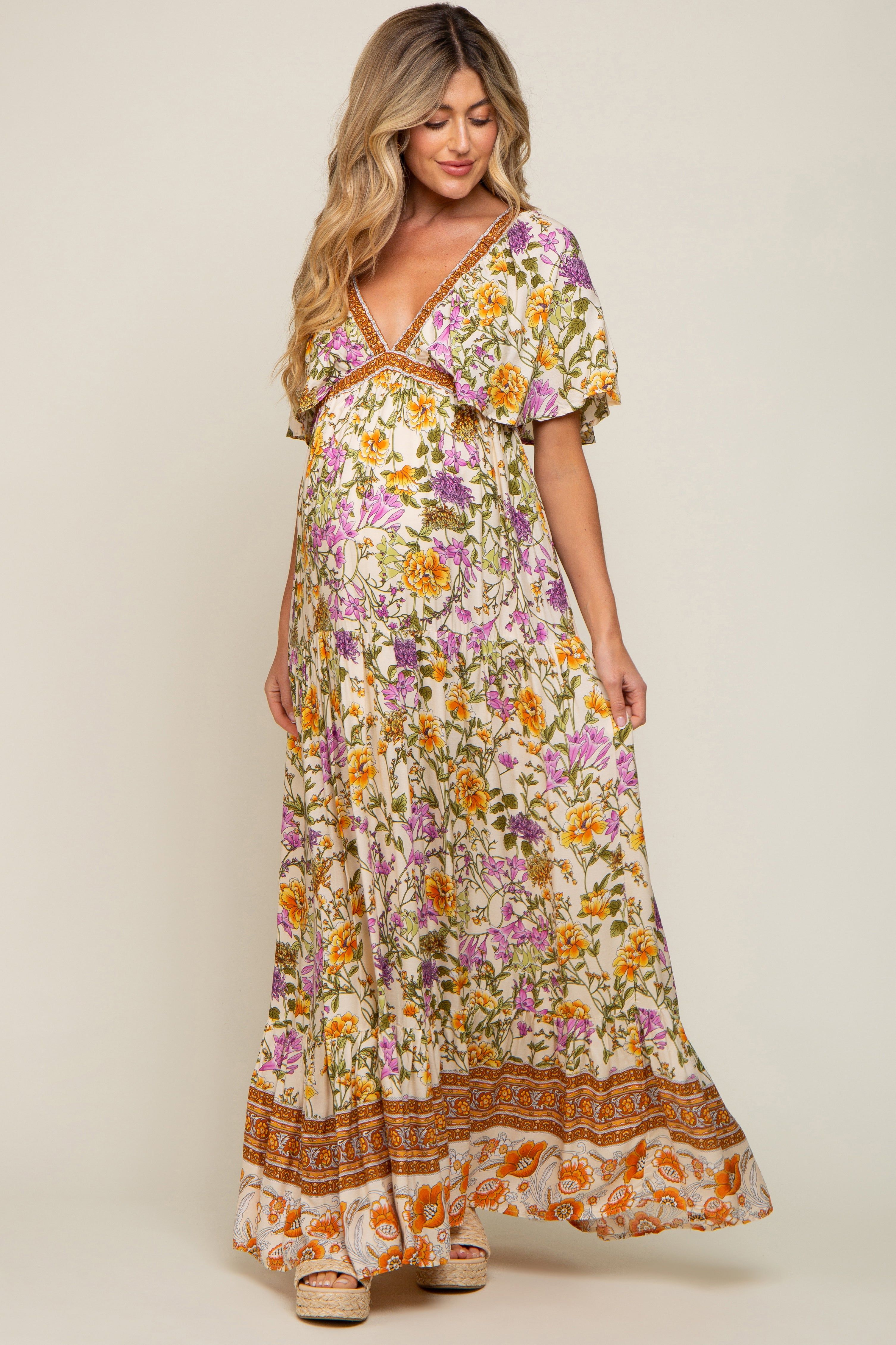 Cream Floral V-Neck Maternity Maxi Dress sold by Pinkblush