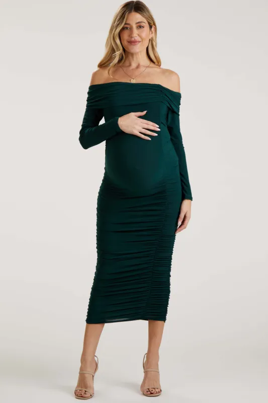Forest Green Off Shoulder Mesh Ruched Maternity Midi Dress sold by Pinkblush