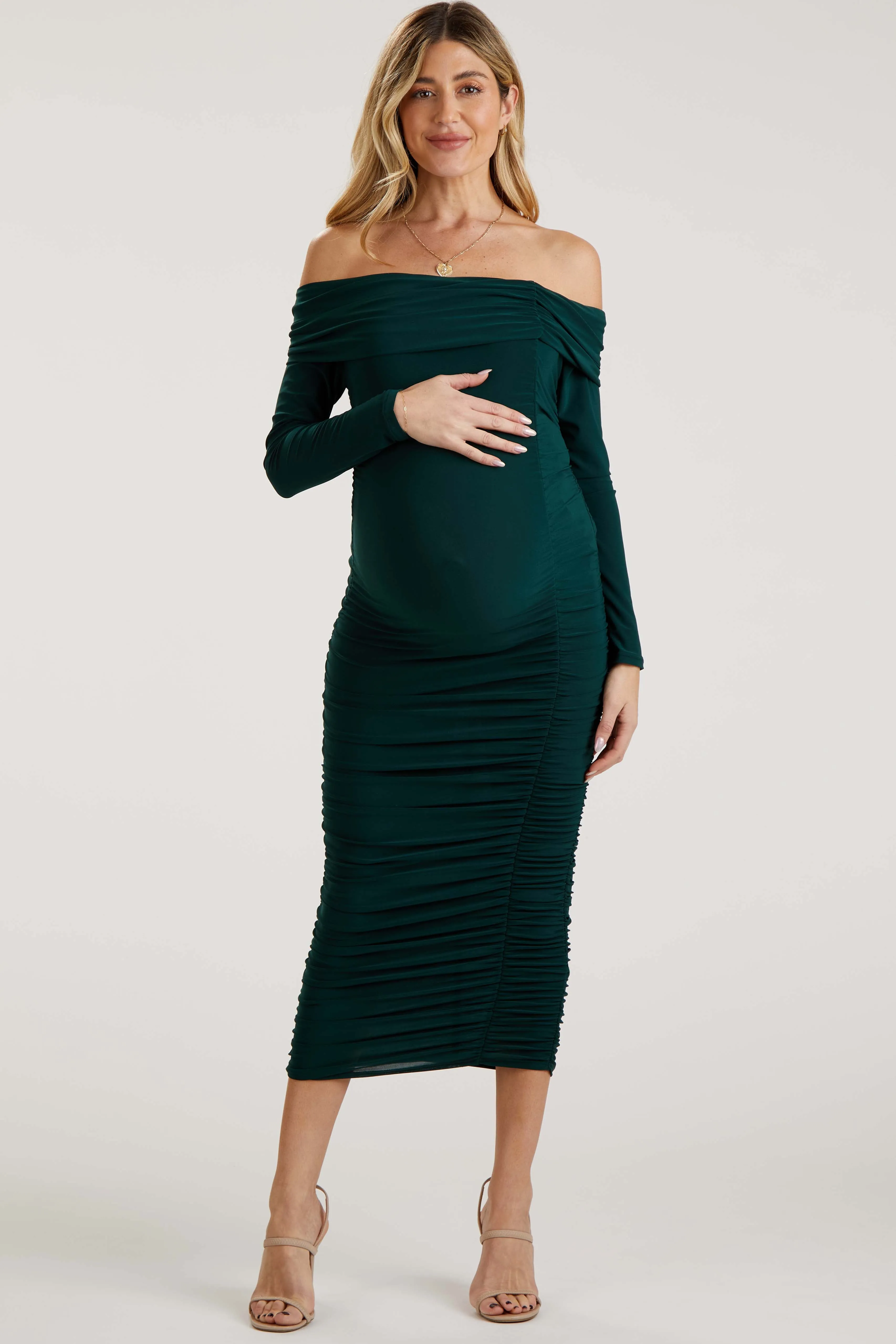 Forest Green Off Shoulder Mesh Ruched Maternity Midi Dress sold by Pinkblush