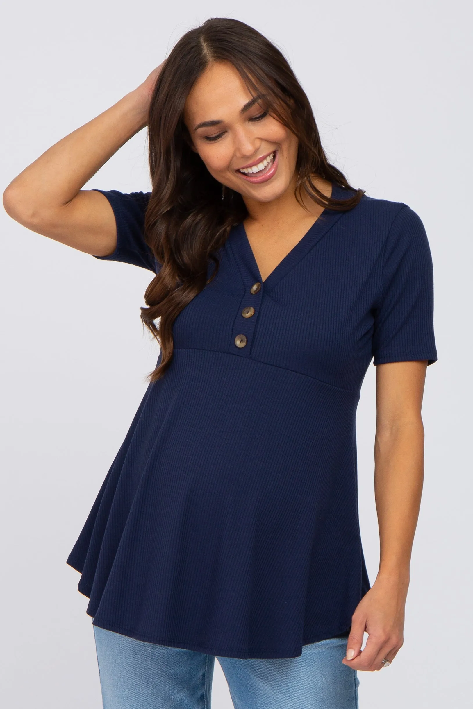 PinkBlush Navy Ribbed Button Accent Maternity Blouse sold by Pinkblush