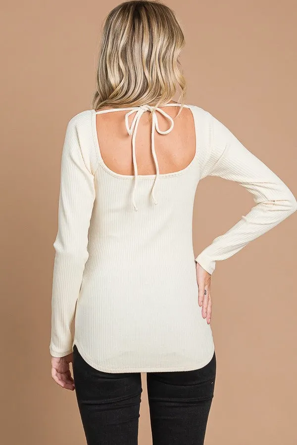 Cream Ribbed Sweetheart Neck Long Sleeve Top sold by Pinkblush product image thumbnail 3