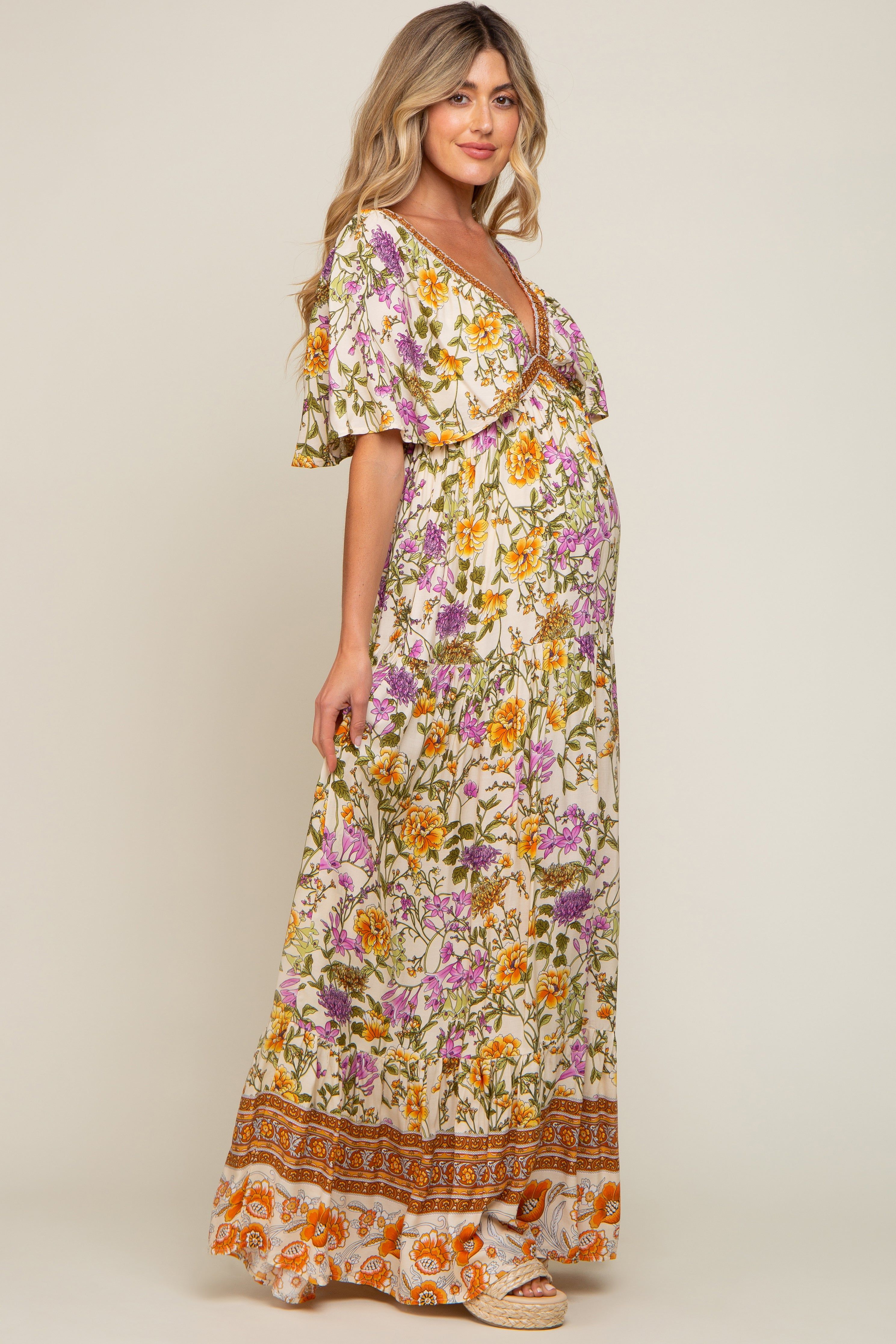 Cream Floral V-Neck Maternity Maxi Dress sold by Pinkblush product image thumbnail 2