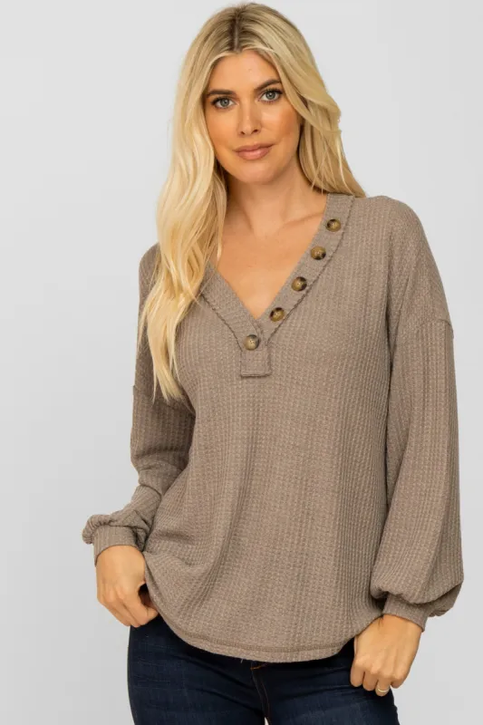Mocha Waffle Knit Button Accent Top sold by Pinkblush