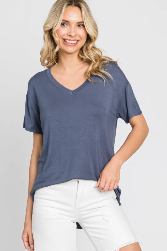 Blue V-Neck Basic Top sold by Pinkblush