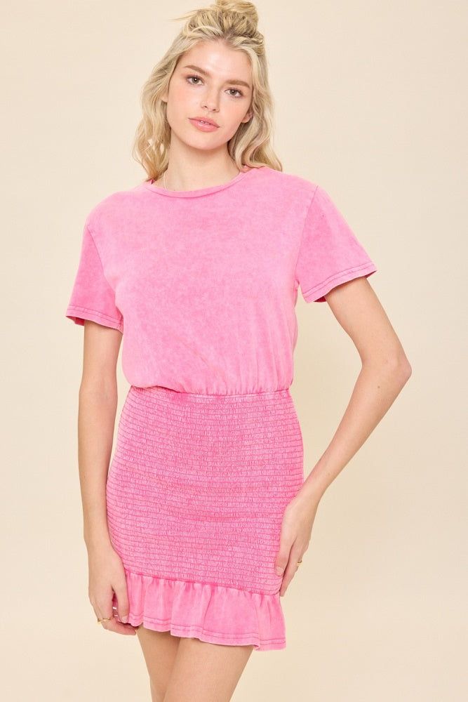 Pink Washed T-Shirt Dress With Smocked Skirt sold by Pinkblush