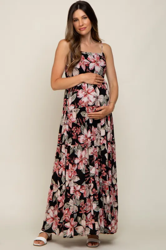 Black Floral Square Neck Tiered Maternity Maxi Dress sold by Pinkblush