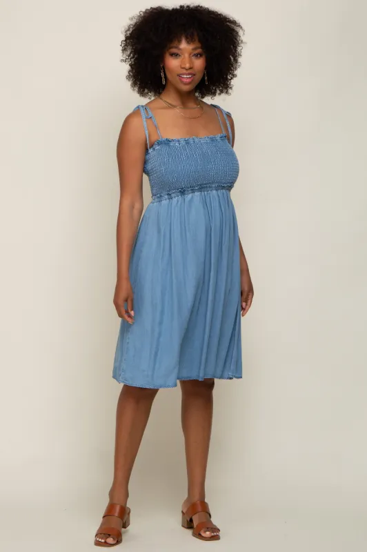 Blue Chambray Smocked Shoulder Tie Dress sold by Pinkblush