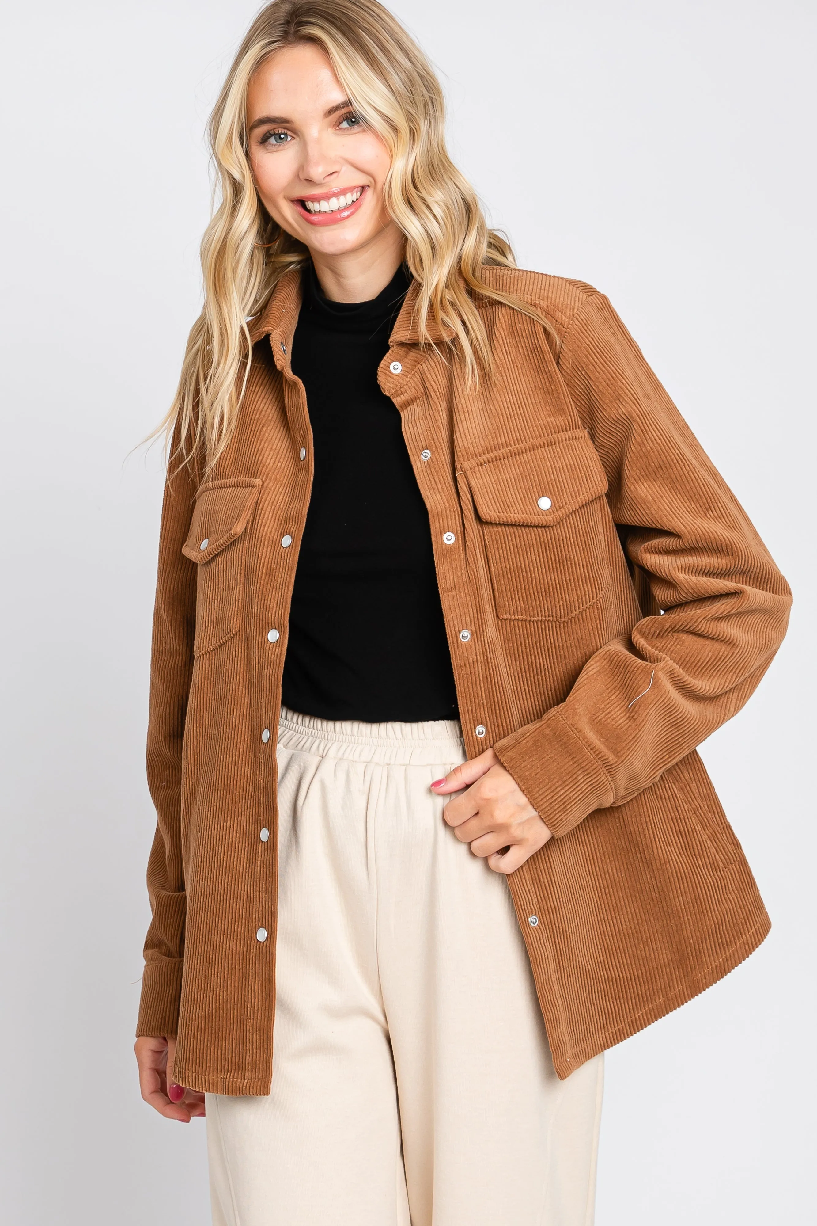 Camel Corduroy Button Front Long Sleeve Top sold by Pinkblush