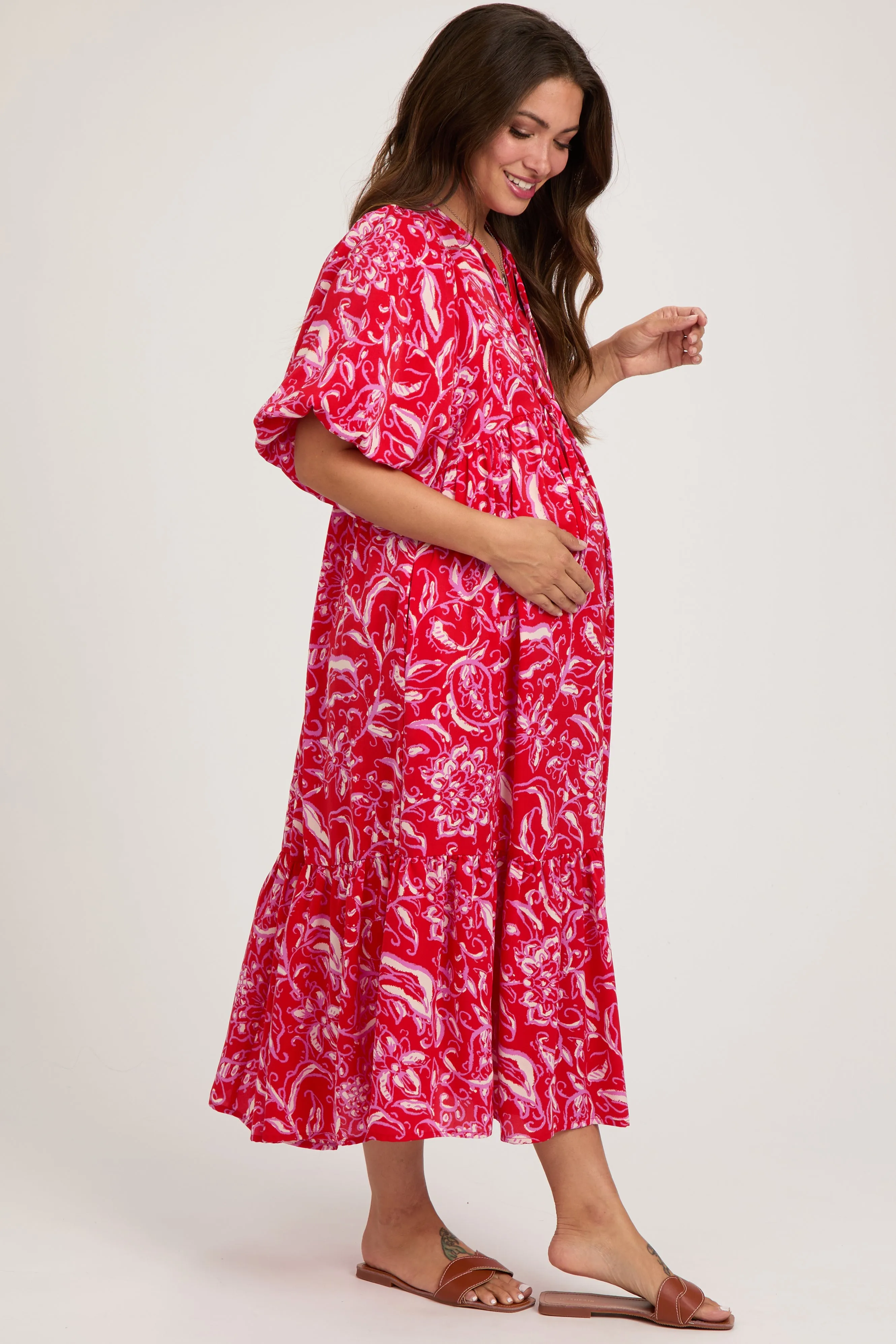 Red Floral Tiered Maternity Midi Dress sold by Pinkblush product image thumbnail 2