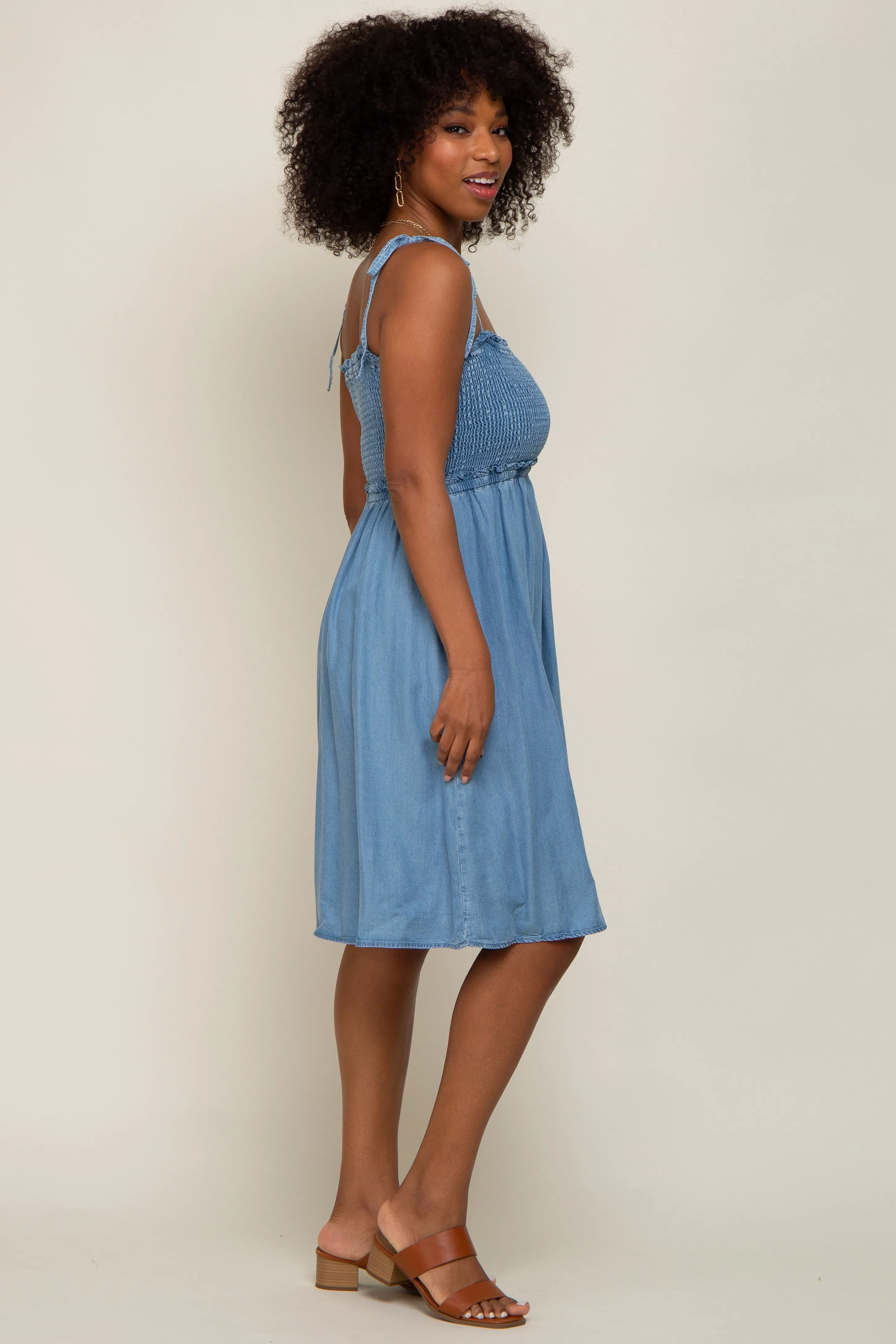 Blue Chambray Smocked Shoulder Tie Dress sold by Pinkblush product image thumbnail 2