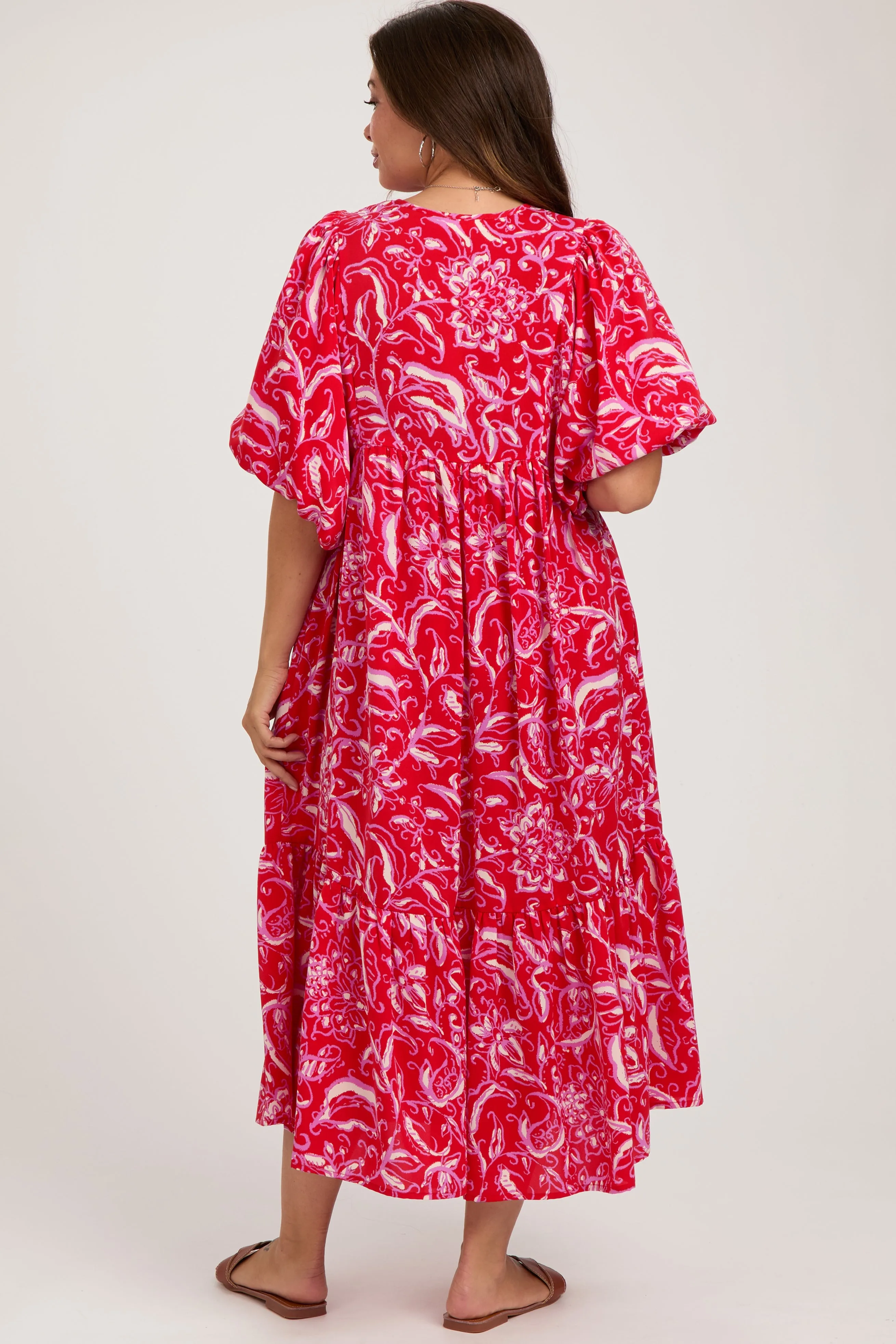 Red Floral Tiered Maternity Midi Dress sold by Pinkblush product image thumbnail 3