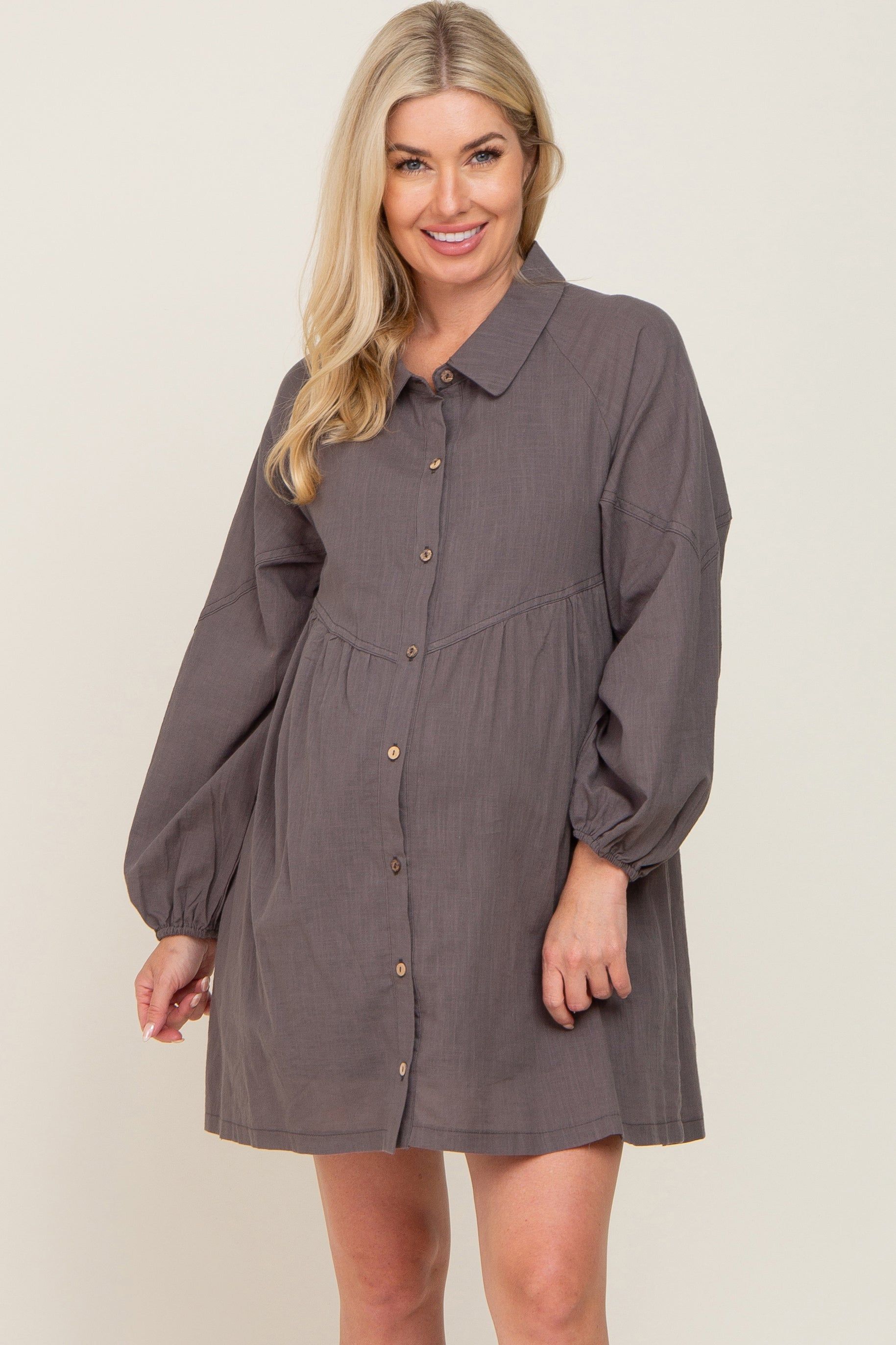 Charcoal Button Down Maternity Mini Dress sold by Pinkblush