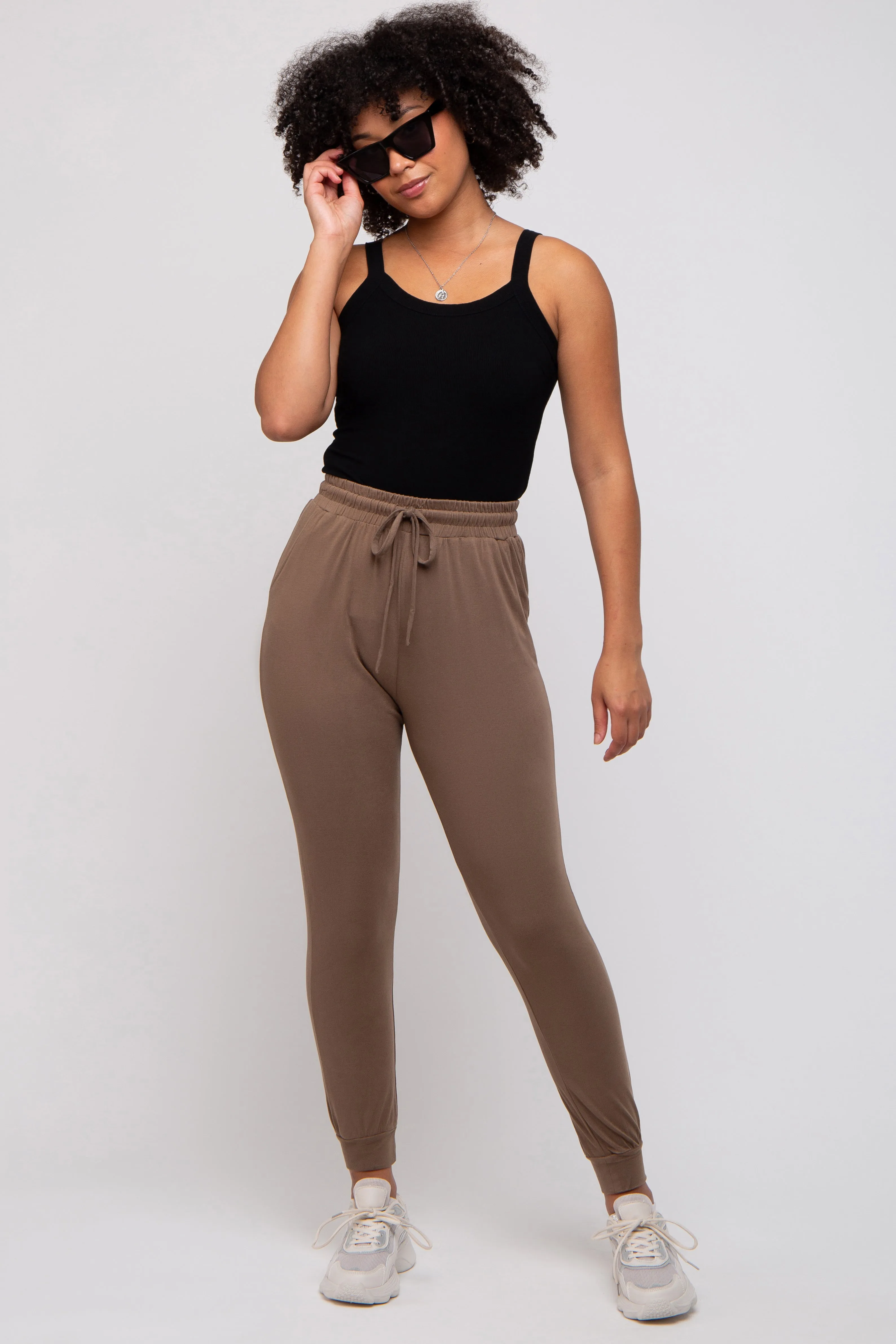 Mocha Ultra Soft Knit Drawstring Joggers sold by Pinkblush