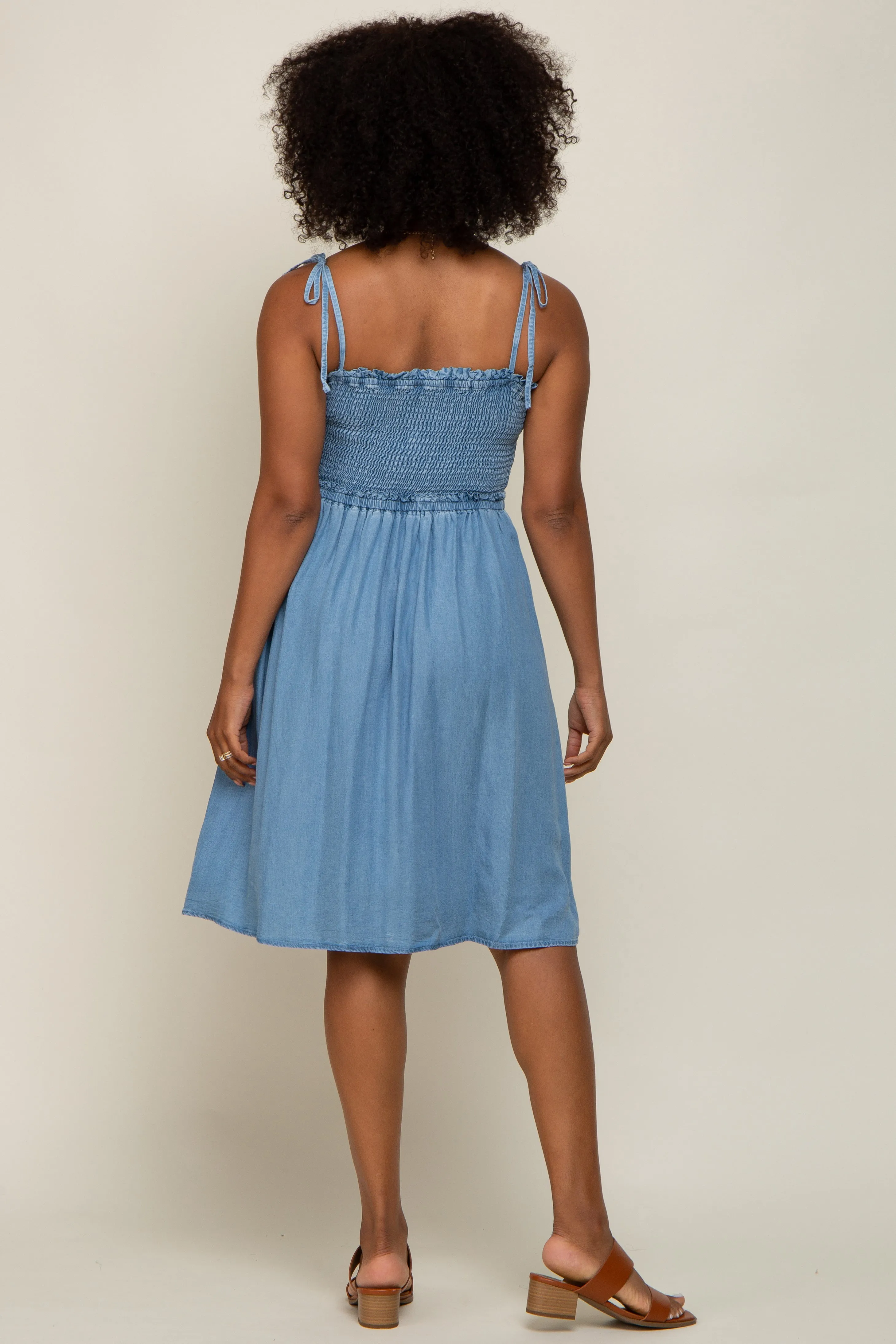 Blue Chambray Smocked Shoulder Tie Dress sold by Pinkblush product image thumbnail 3