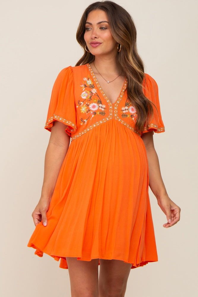 Orange Embroidered V-Neck Maternity Dress sold by Pinkblush