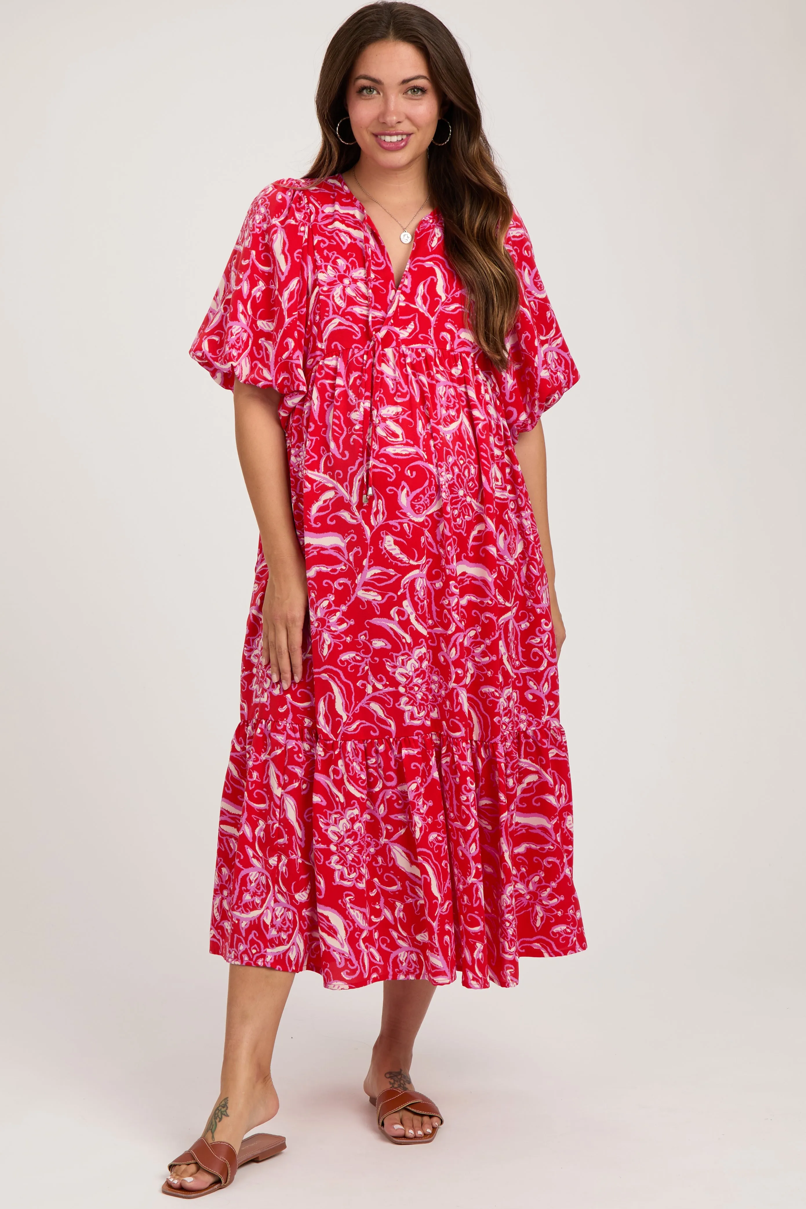 Red Floral Tiered Maternity Midi Dress sold by Pinkblush