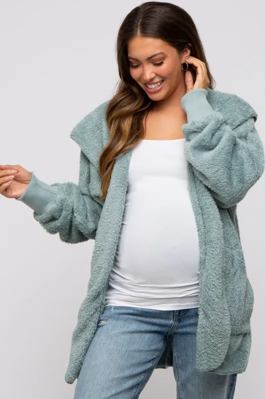 Mint Green Fuzzy Hooded Long Sleeve Maternity Jacket made by Pinkblush