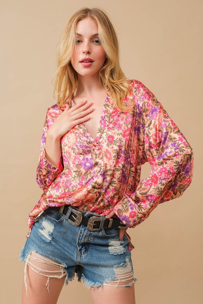 Beige Multi Satin Floral Collard Button Up Shirt Blouse sold by Pinkblush product image thumbnail 2
