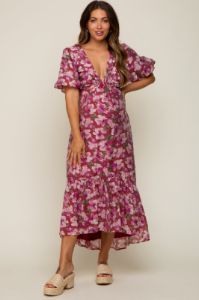 Burgundy Floral Deep V-Neck Puff Sleeve Maternity Maxi Dress sold by Pinkblush