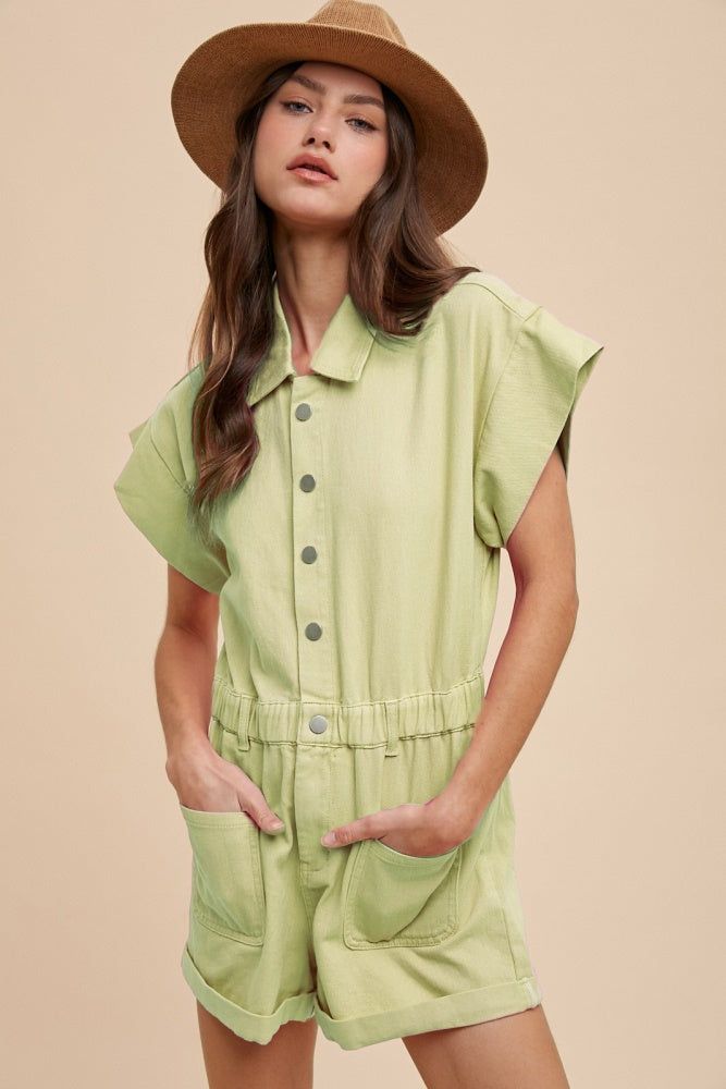 Light Green Elastic Waistband Front Pockets Romper sold by Pinkblush