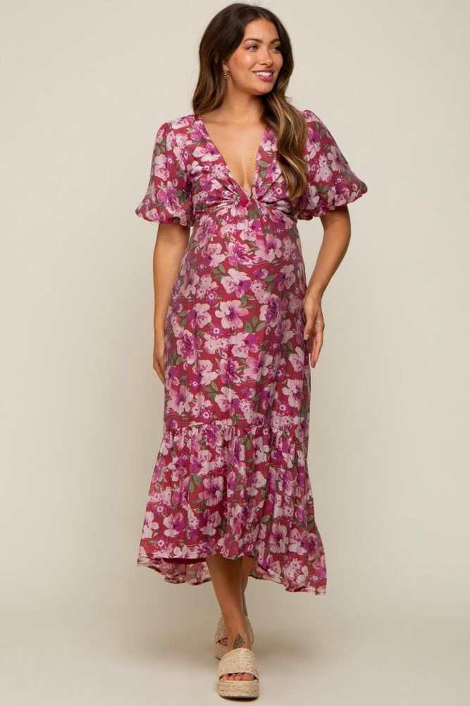 Burgundy Floral Deep V-Neck Puff Sleeve Maternity Maxi Dress sold by Pinkblush