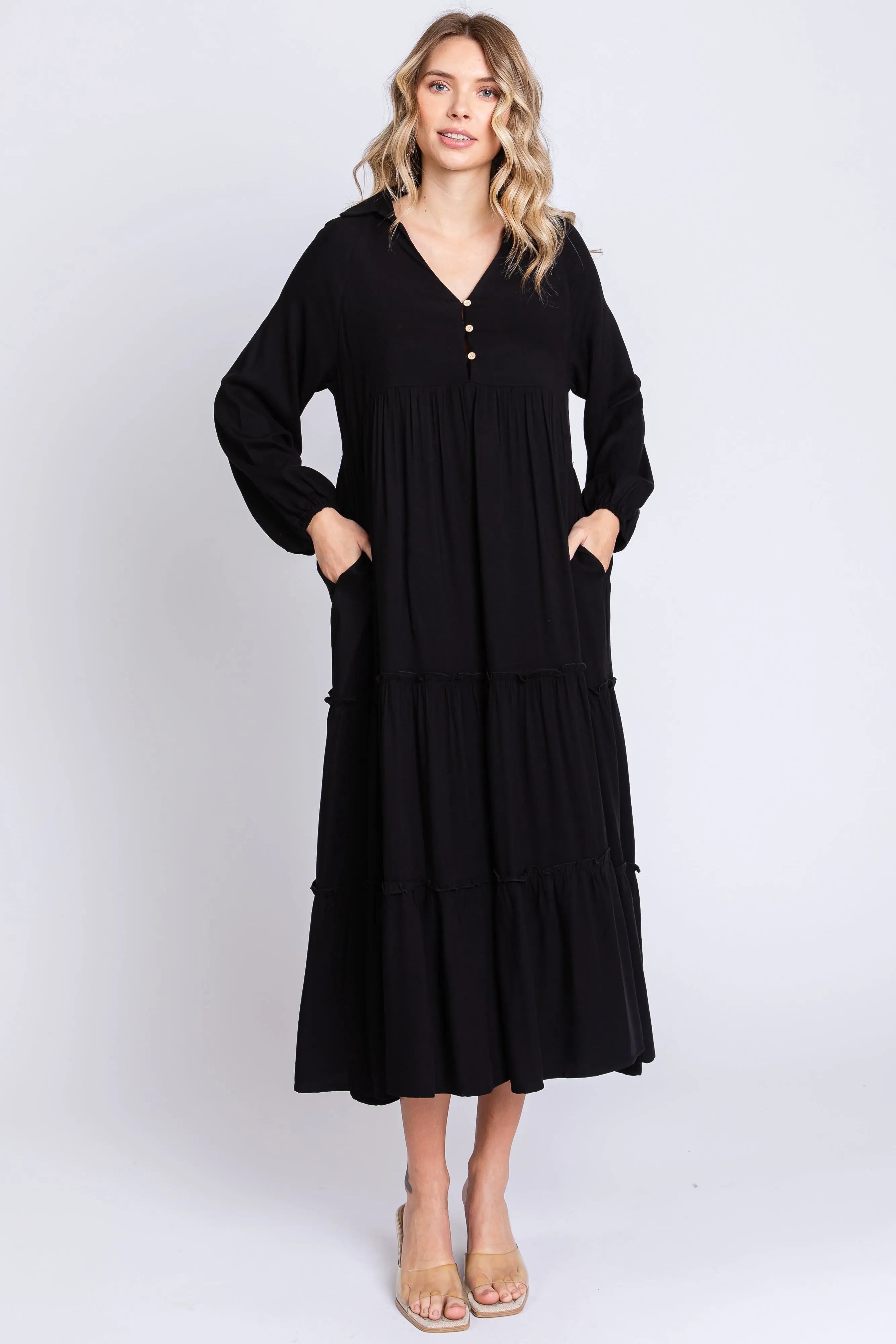 Black Button Front V-Neck Ruffle Tiered Midi Dress sold by Pinkblush product image thumbnail 4