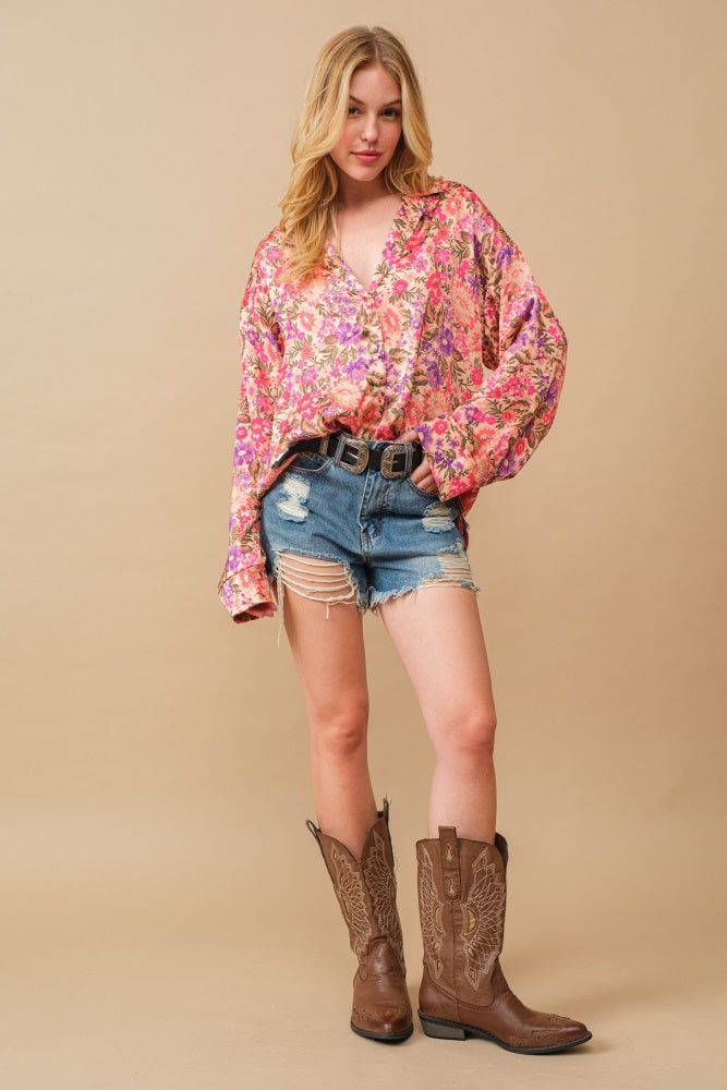 Beige Multi Satin Floral Collard Button Up Shirt Blouse sold by Pinkblush product image thumbnail 3