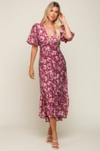 Burgundy Floral Deep V-Neck Puff Sleeve Maternity Maxi Dress sold by Pinkblush