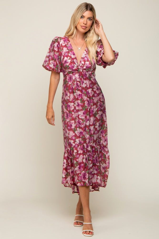 Burgundy Floral Deep V-Neck Puff Sleeve Maternity Maxi Dress sold by Pinkblush product image thumbnail 5