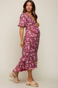 Burgundy Floral Deep V-Neck Puff Sleeve Maternity Maxi Dress sold by Pinkblush