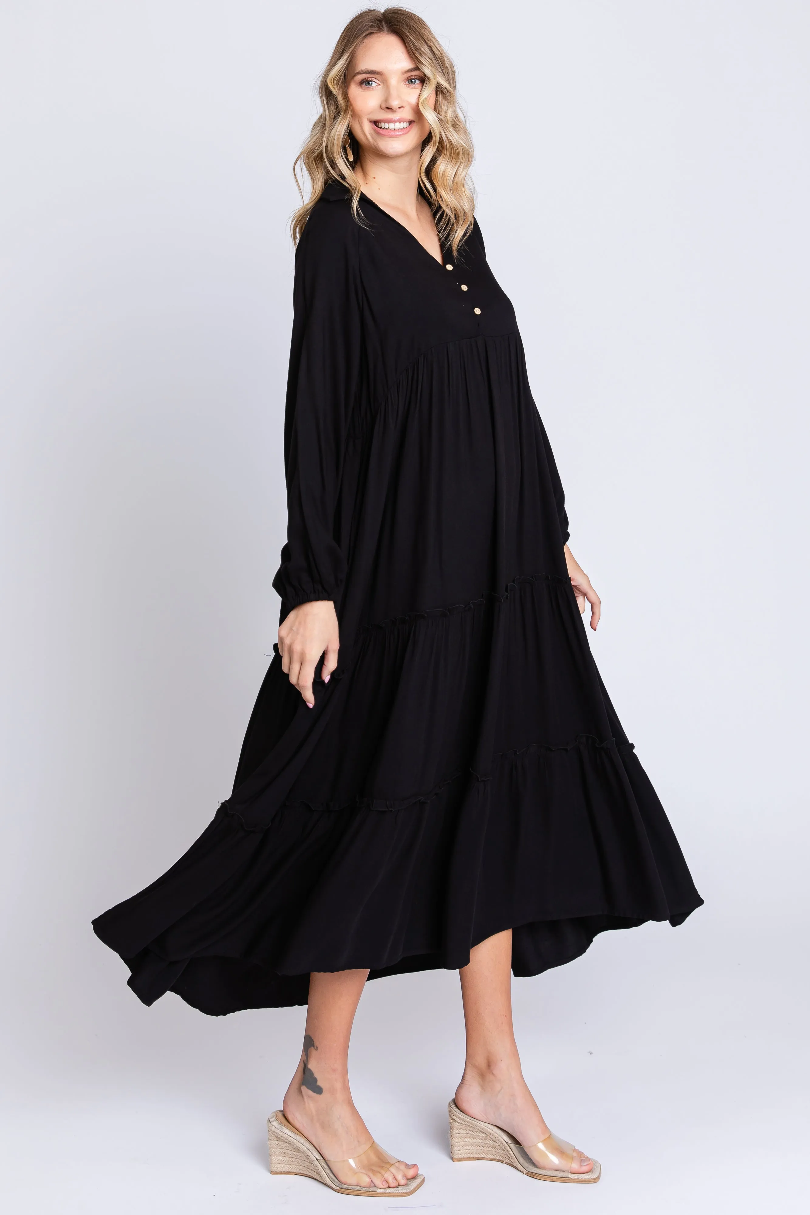 Black Button Front V-Neck Ruffle Tiered Midi Dress sold by Pinkblush product image thumbnail 5