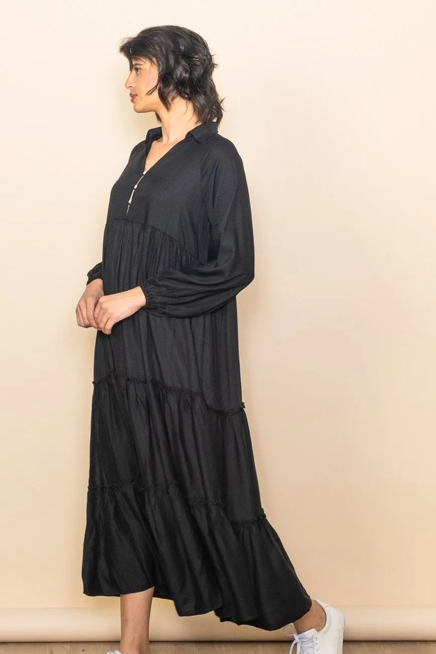 Black Button Front V-Neck Ruffle Tiered Midi Dress sold by Pinkblush product image thumbnail 2