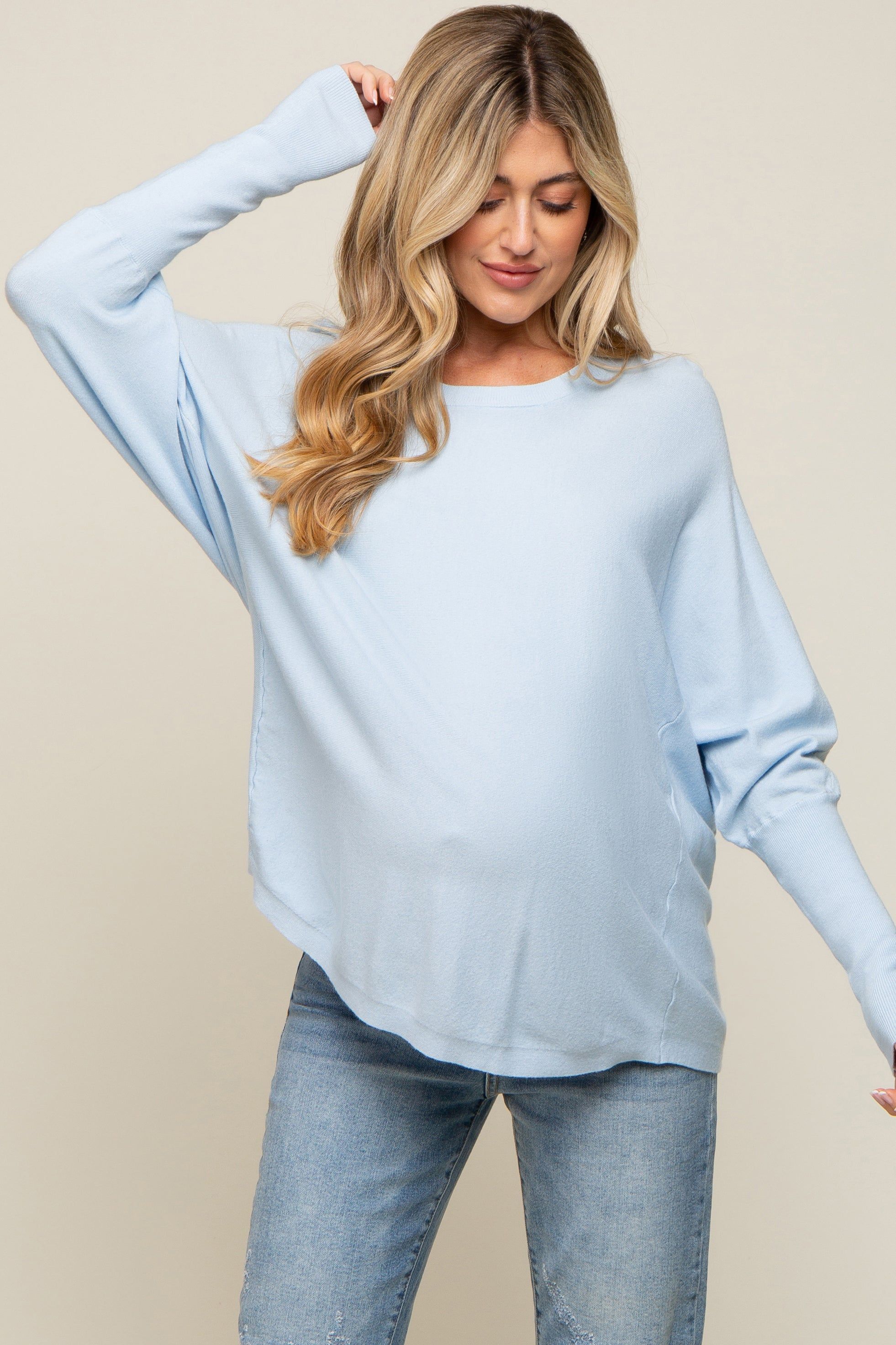 Light Blue Knit Long Dolman Sleeve Maternity Top sold by Pinkblush product image thumbnail 2