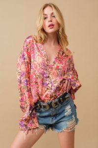 Beige Multi Satin Floral Collard Button Up Shirt Blouse sold by Pinkblush