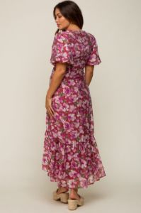 Burgundy Floral Deep V-Neck Puff Sleeve Maternity Maxi Dress sold by Pinkblush